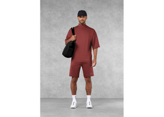 The Giving Movement Super Oversized High Neck Raw Edge T-Shirt - Dusky Maroon