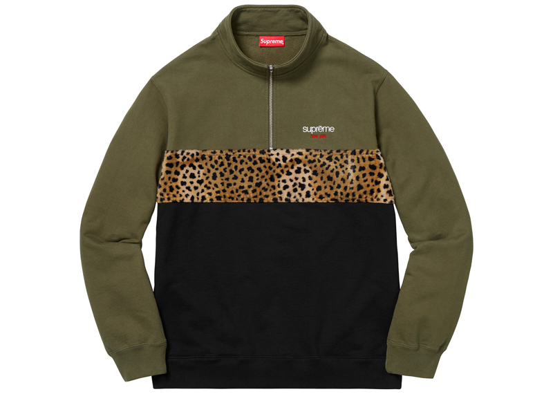 Supreme Leopard Panel Half Zip Sweatshirt Dark Olive
