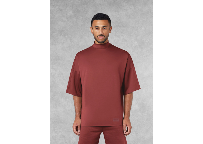 The Giving Movement Super Oversized High Neck Raw Edge T-Shirt - Dusky Maroon