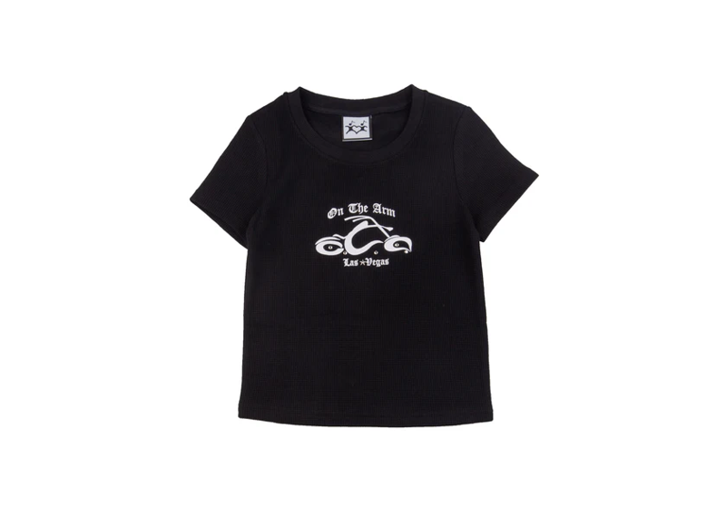 On The Arm Studded Biker Womens Tee Black